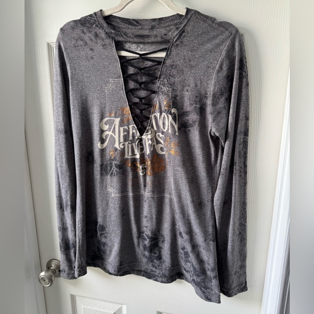 Affliction long sleeve- soft low cut w/ net design shirt size L black and grey